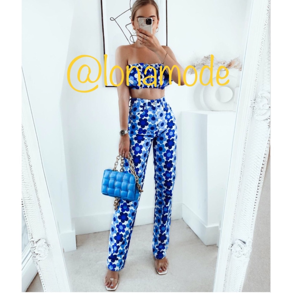 Zara Blue Floral Printed Straight Leg Jeans NWT